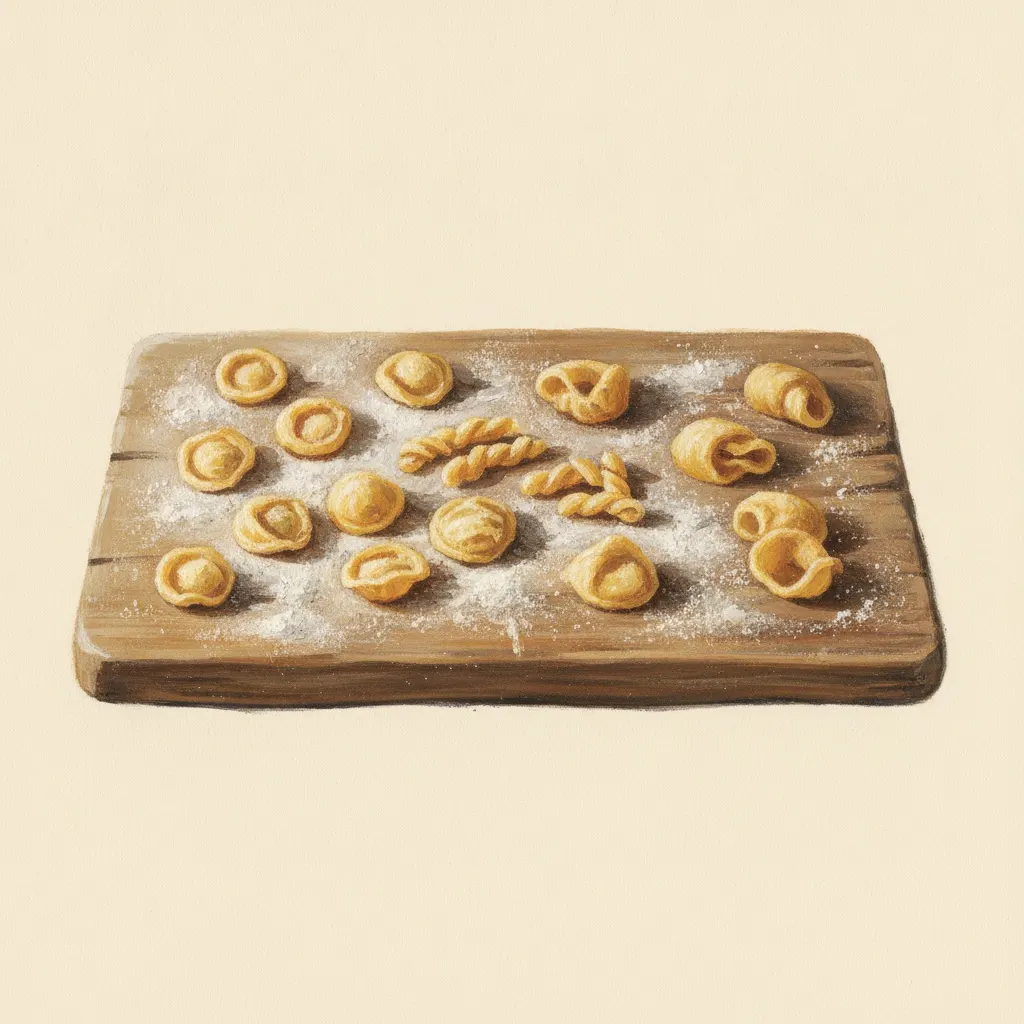 A gouache still life of hand-formed regional pasta