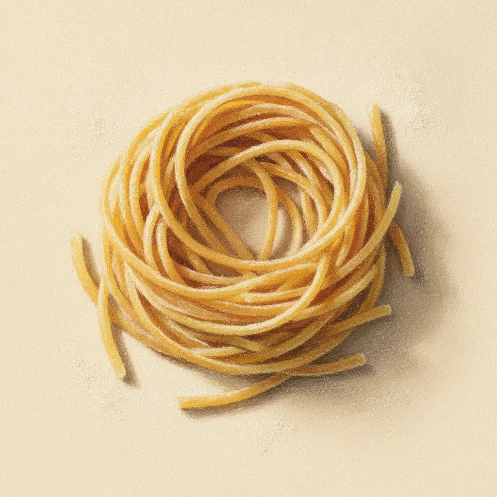 A gouache still life of long strands pasta