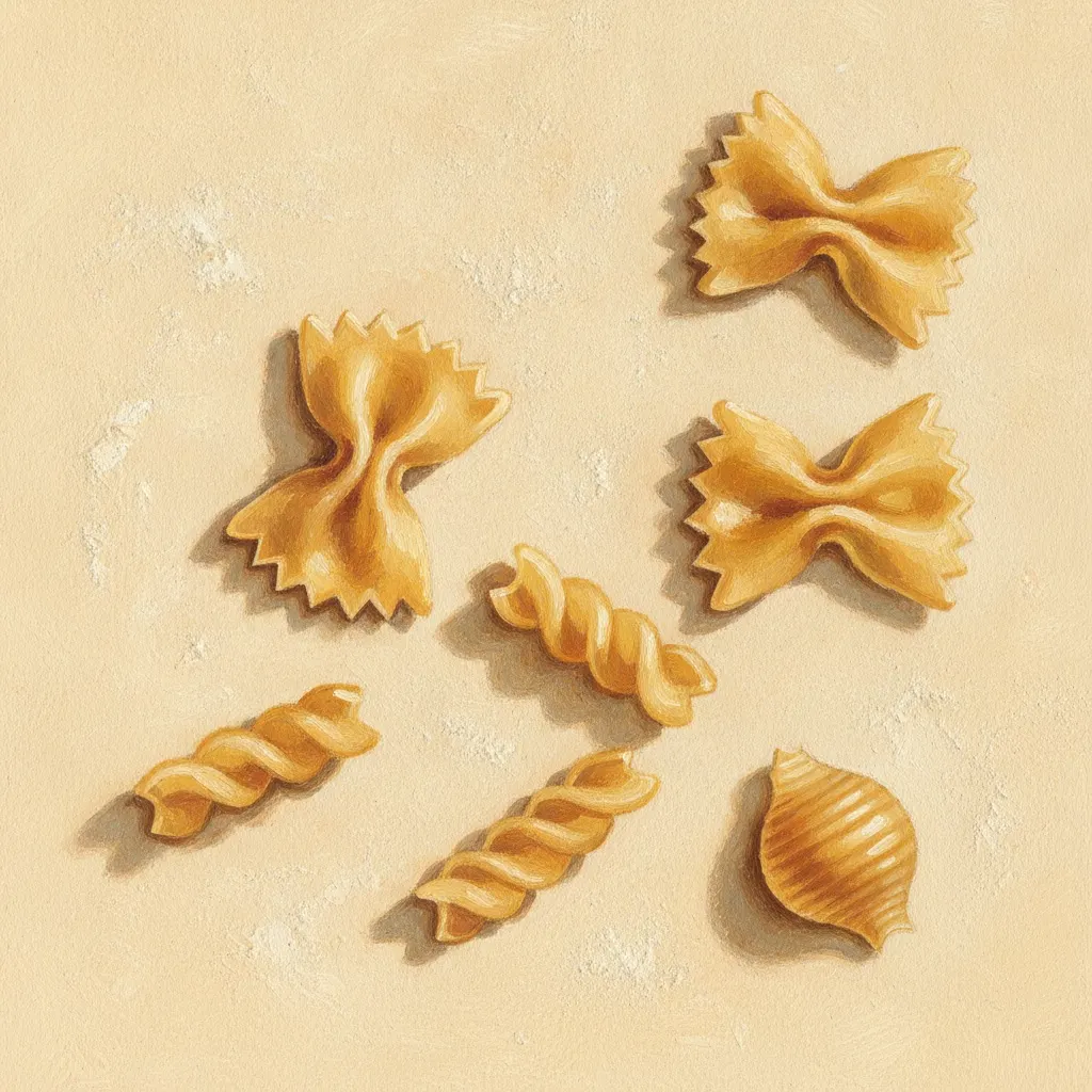 A gouache still life of shaped shorts pasta