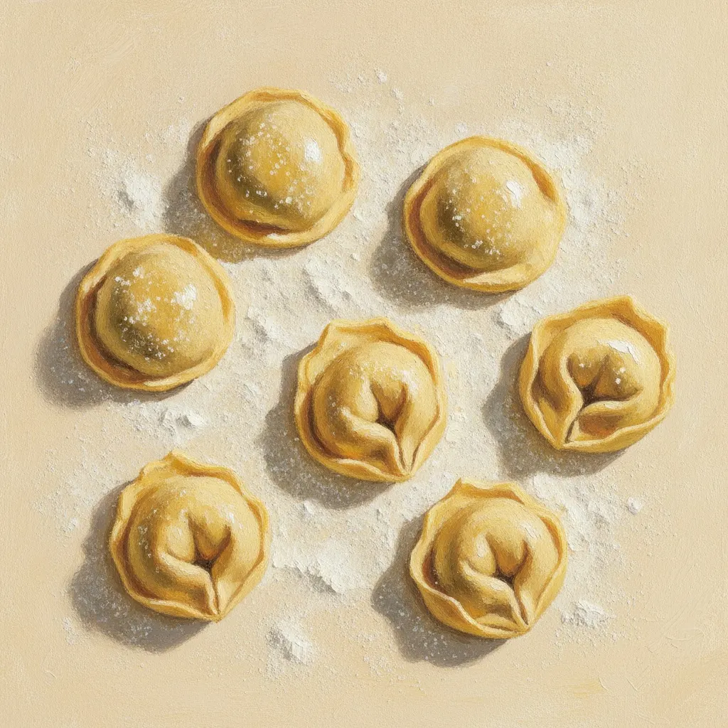 A gouache still life of stuffed pasta