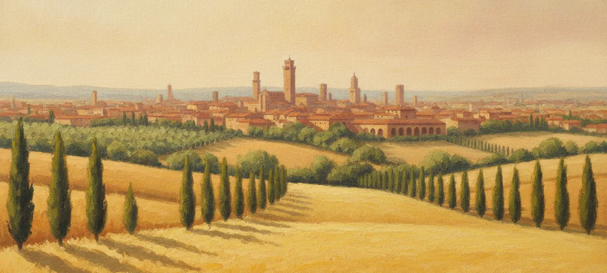 A gouache landscape of Emilia-Romagna, the pasta region