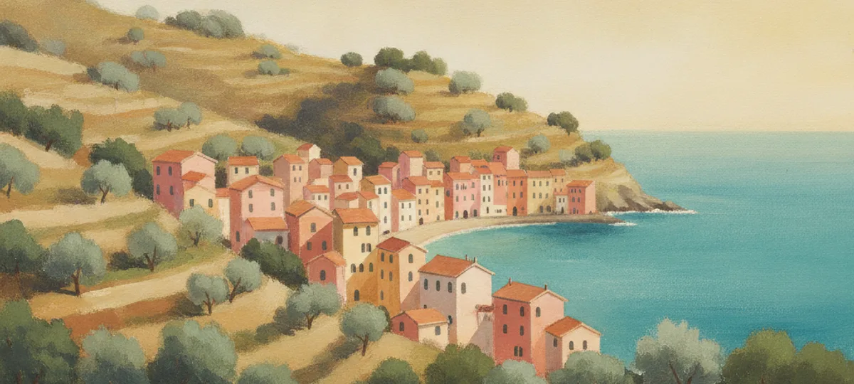 A gouache landscape of Liguria, the pasta region