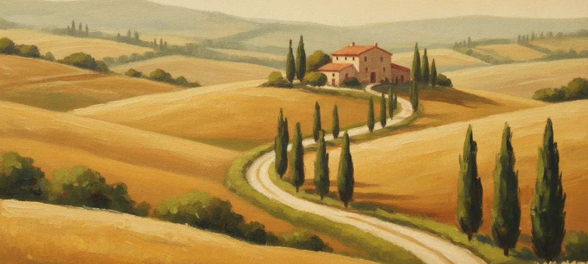 A gouache landscape of Tuscany, the pasta region